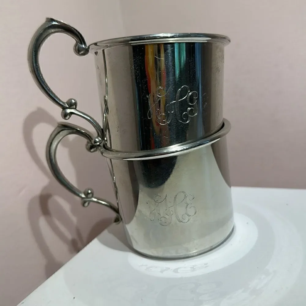 Cups Handles Pewter Small Monogrammed Set of Two